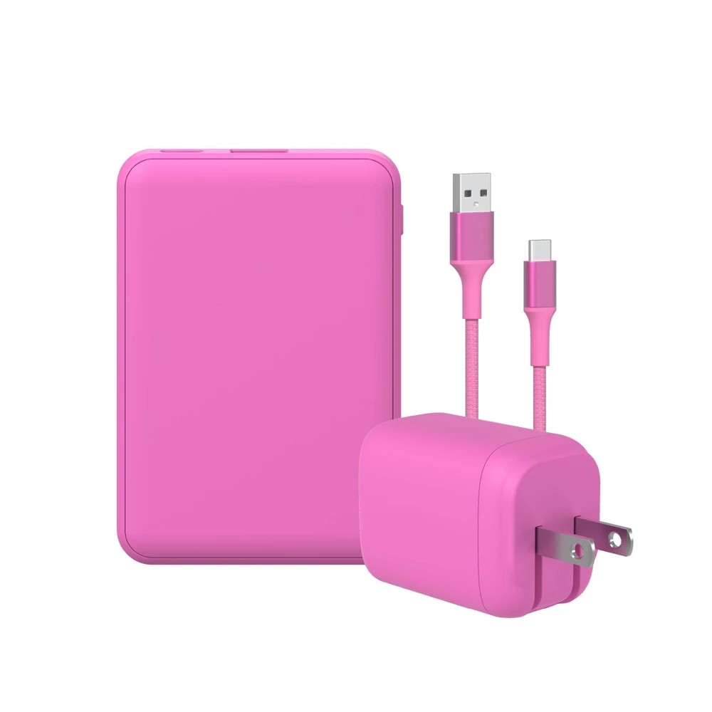 GEMS USB-a to USB-C Charging Gift Set with 5000MmAh Power Bank, Cable, and Wall Charger - Soft Pink