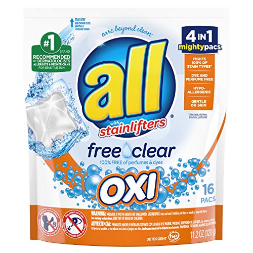 All Laundry Detergent Pacs Mighty Pacs with OXI Stain Removers and Whiteners Free Clear Unscented and Dye Free
