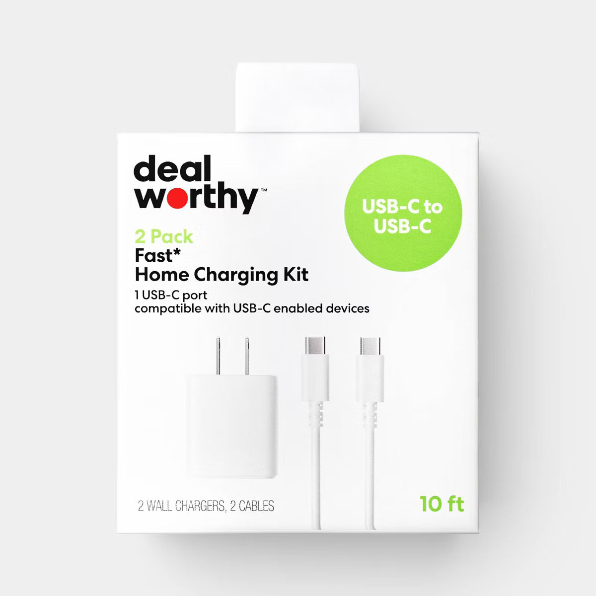 USB-C Wall Charger with 10ft USB-C to USB-C Cable 2 Pack Home Charging Kit - dealworthy™ White