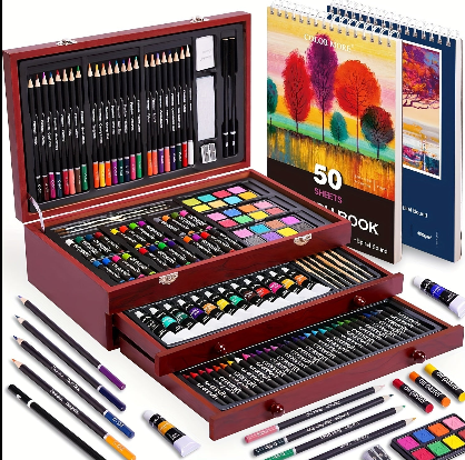 175 Pc Deluxe Art Set in Wooden Case – Drawing Pads, Crayons, Acrylic Paints & Colored Pencils | Cherry Wood or Pink