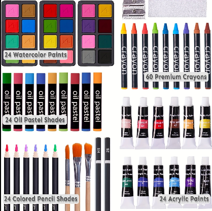 175 Pc Deluxe Art Set in Wooden Case – Drawing Pads, Crayons, Acrylic Paints & Colored Pencils | Cherry Wood or Pink
