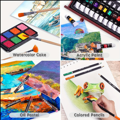 175 Pc Deluxe Art Set in Wooden Case – Drawing Pads, Crayons, Acrylic Paints & Colored Pencils | Cherry Wood or Pink