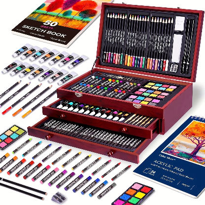 175 Pc Deluxe Art Set in Wooden Case – Drawing Pads, Crayons, Acrylic Paints & Colored Pencils | Cherry Wood or Pink
