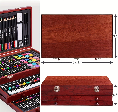 175 Pc Deluxe Art Set in Wooden Case – Drawing Pads, Crayons, Acrylic Paints & Colored Pencils | Cherry Wood or Pink