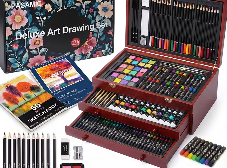 175 Pc Deluxe Art Set in Wooden Case – Drawing Pads, Crayons, Acrylic Paints & Colored Pencils | Cherry Wood or Pink