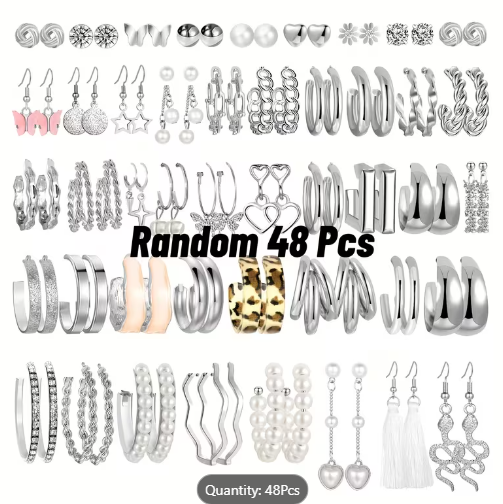 48-Pair Ladies Stylish Earrings Set – Minimalist Alloy Jewelry