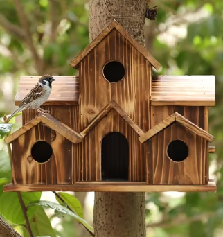 Natural Wood Multi-Chamber Bird House – Outdoor Hanging Nest Box