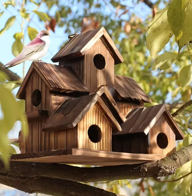 Natural Wood Multi-Chamber Bird House – Outdoor Hanging Nest Box