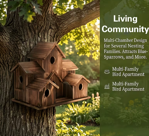 Natural Wood Multi-Chamber Bird House – Outdoor Hanging Nest Box