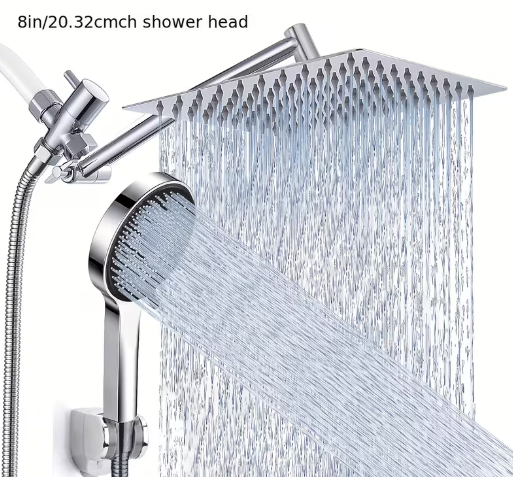 8-Inch Rainfall Shower Head with Handheld Wand – High Pressure, 9 Settings