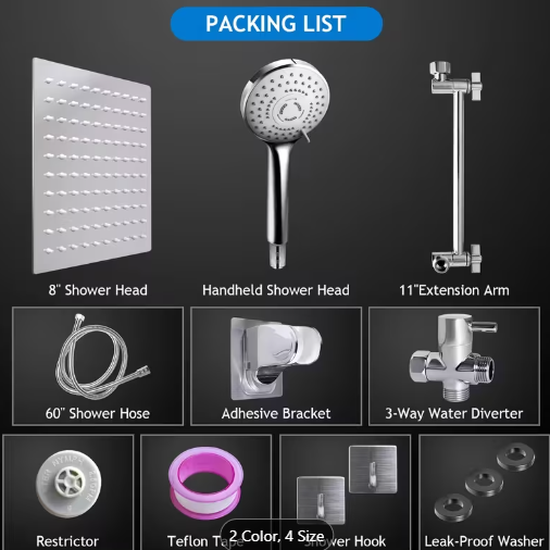 8-Inch Rainfall Shower Head with Handheld Wand – High Pressure, 9 Settings