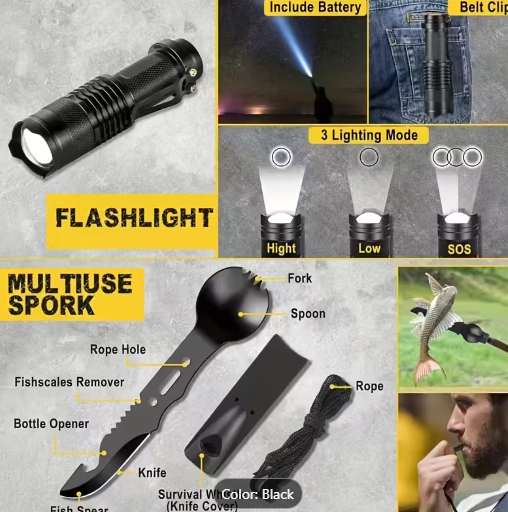 Outdoor Survival Kit with Carrying Pack – Flashlight, Compass & Multi-Tools for Camping