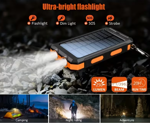 20,000mAh Solar Power Bank with Flashlight & Compass – Portable Charger for Camping & Emergencies