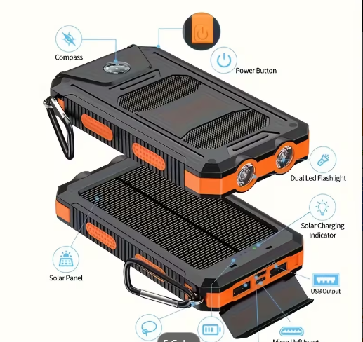 20,000mAh Solar Power Bank with Flashlight & Compass – Portable Charger for Camping & Emergencies