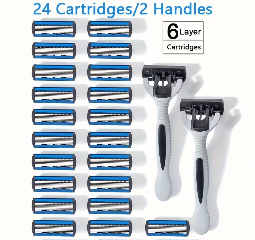 Classic Manual Safety Razor Set – 2 ergonomic Handles + 24 Six-Layer Blade Cartridges