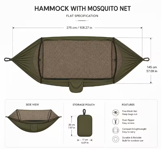 Premium Oversized Double Hammock with Mosquito Net