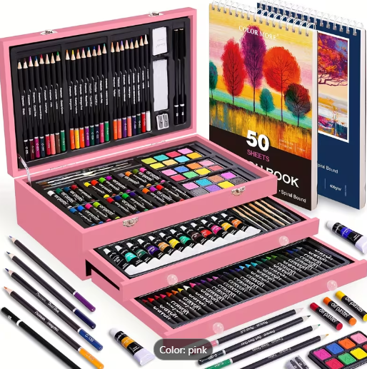 175 Pc Deluxe Art Set in Wooden Case – Drawing Pads, Crayons, Acrylic Paints & Colored Pencils | Cherry Wood or Pink