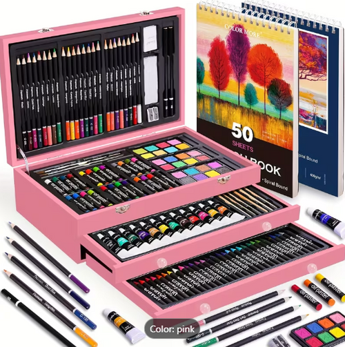 175 Pc Deluxe Art Set in Wooden Case – Drawing Pads, Crayons, Acrylic Paints & Colored Pencils | Cherry Wood or Pink